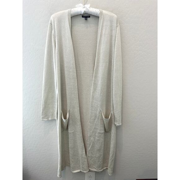 EILEEN FISHER Organic Linen Metallic Open Front Duster Cardigan Beige | Size XL - Picture 1 of 6